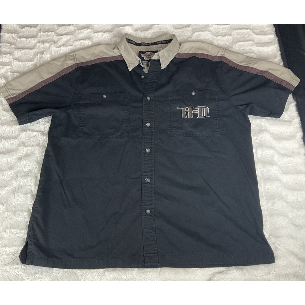 Harley Davidson Motorcycle Men's XL Black/Tan Button Down Short Sleeve Shirt